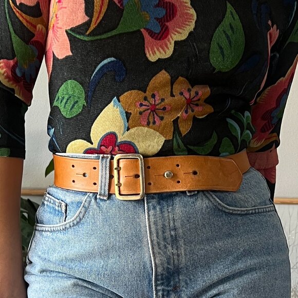 Vintage designer leather belt‎ neutral beige camel gold hardware maximalist med - Picture 5 of 10